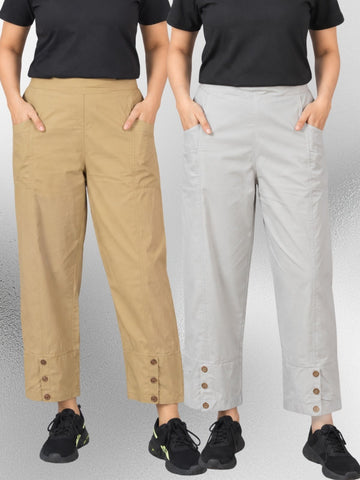 Beige & Melange Cotton Straight Cargo Pant Combo