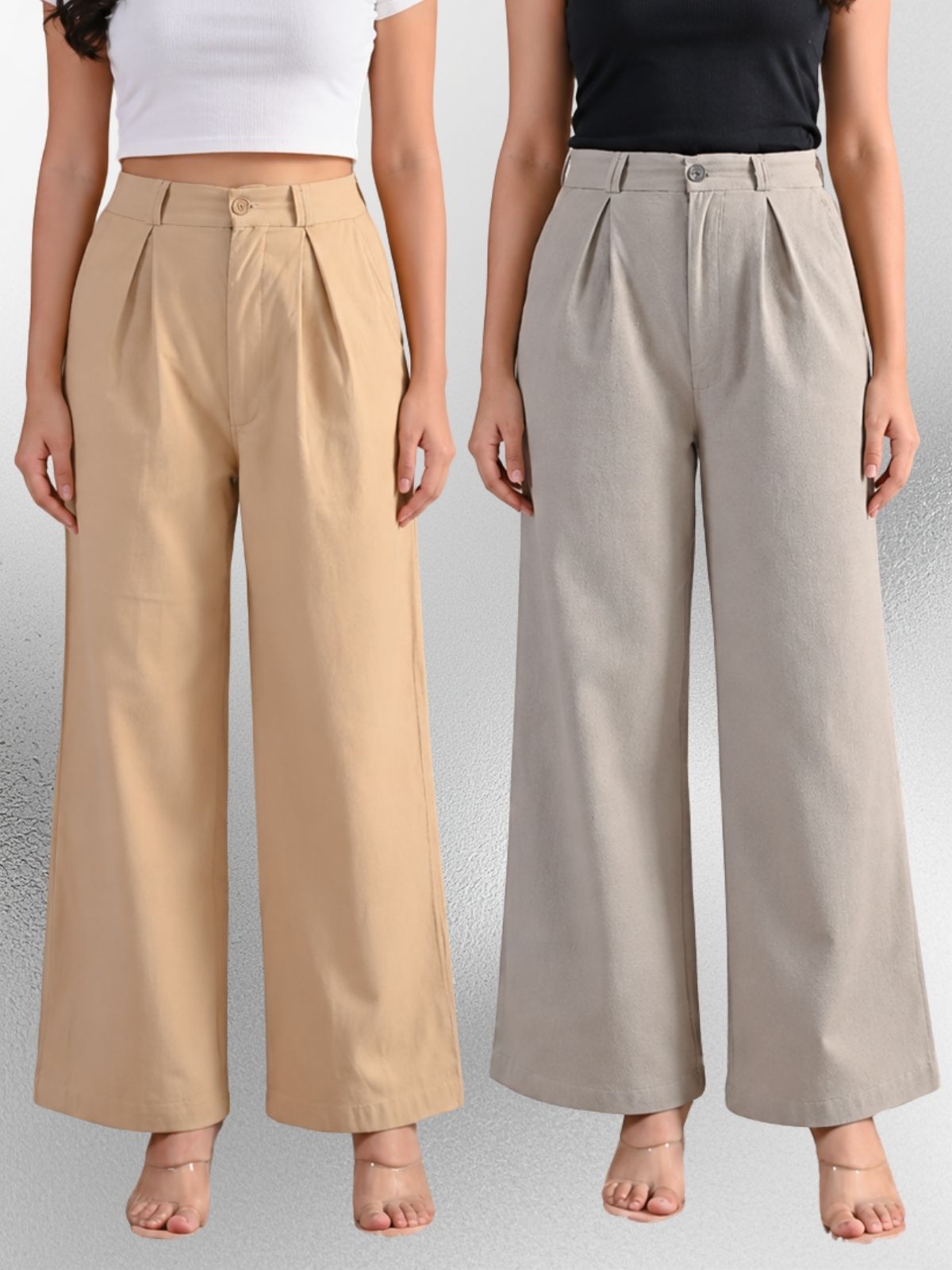 Beige & Melange-Cotton Wide Leg Pants Combo