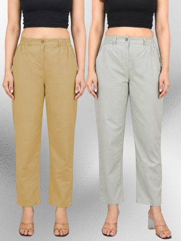 Beige & Melange Regular Fit Cotton Formal Trouser Combo