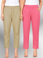 Beige & Mauvepink Regular Fit Elastic Cotton Trouser Combo