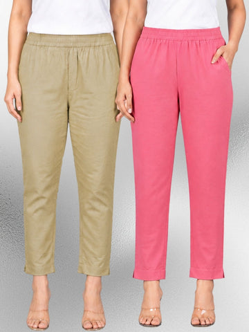 Beige & Mauvepink Regular Fit Elastic Cotton Trouser Combo