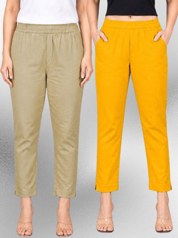 Beige & Mustard Regular Fit Elastic Cotton Trouser Combo