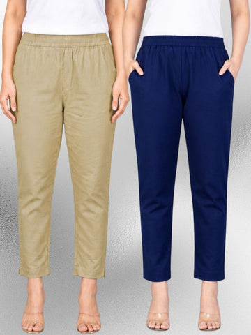 Beige & Navyblue Regular Fit Elastic Cotton Trouser Combo