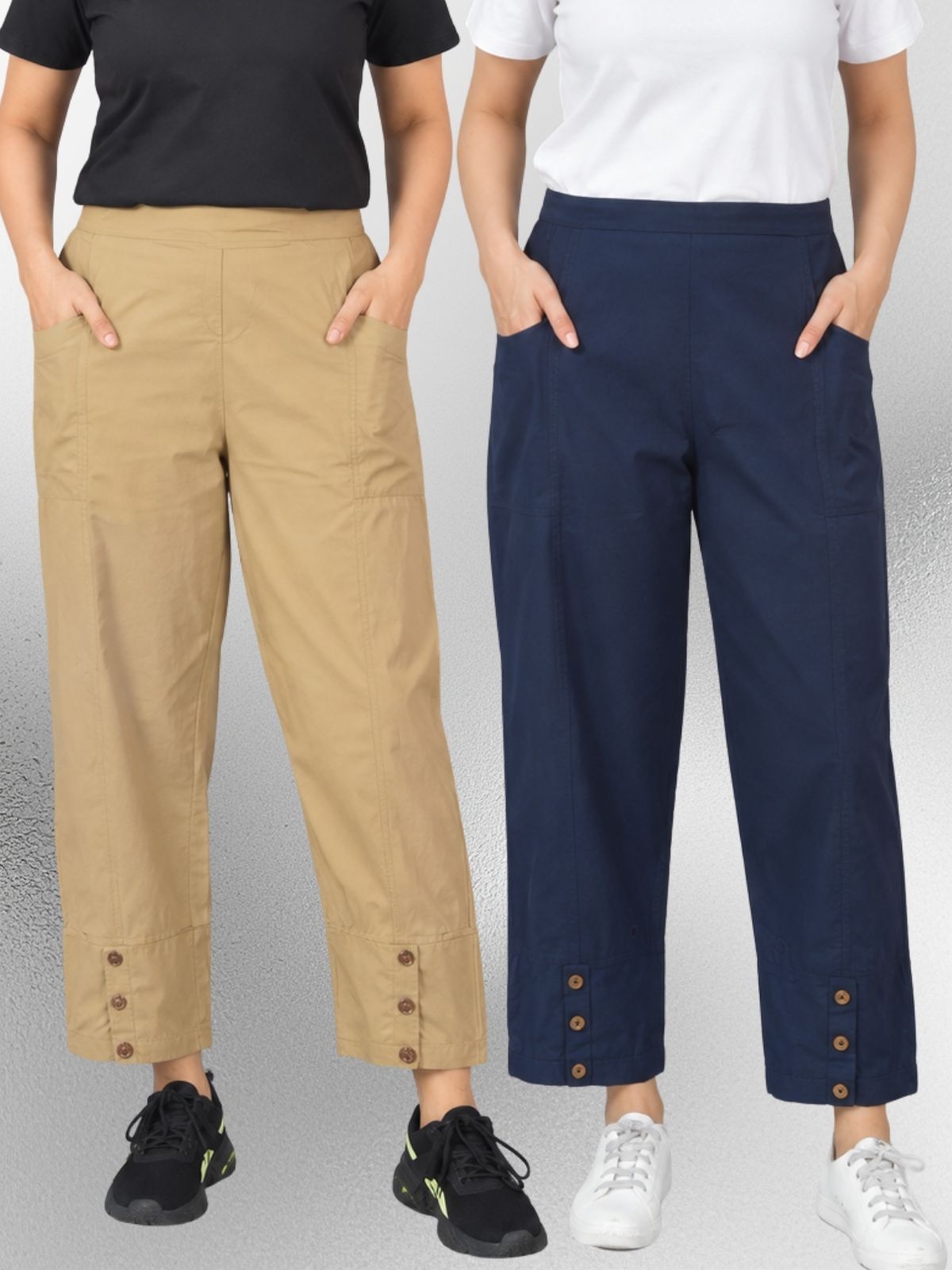 Beige & NavyBlue Cotton Straight Cargo Pant Combo