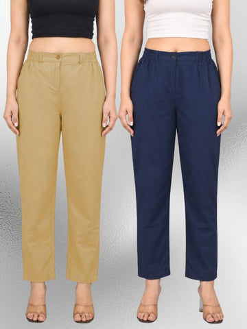 Beige & Navyblue Regular Fit Cotton Formal Trouser Combo