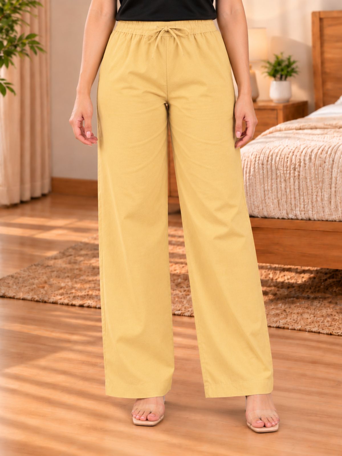 Beige Cotton Solid Payjama Pants