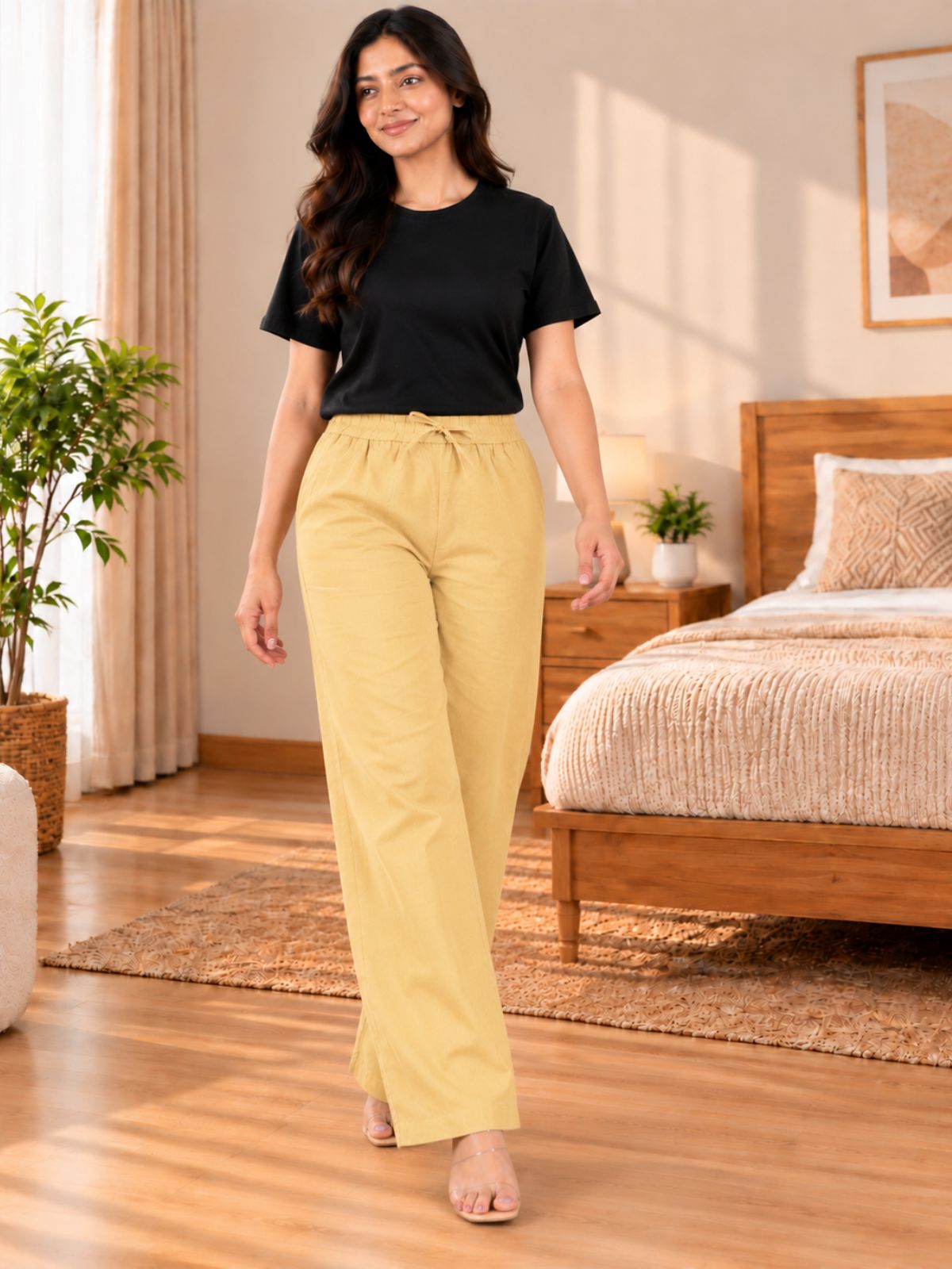 Beige Cotton Solid Payjama Pants