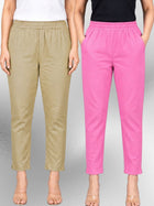 Beige & Pink Regular Fit Elastic Cotton Trouser Combo