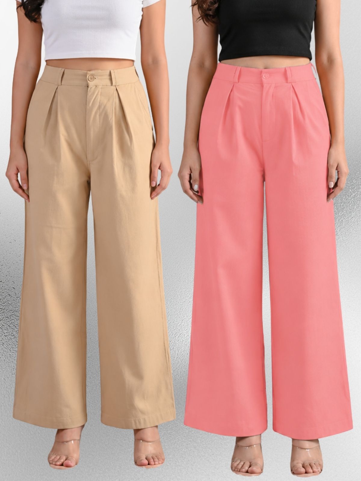 Beige & Pink-Cotton Wide Leg Pants Combo
