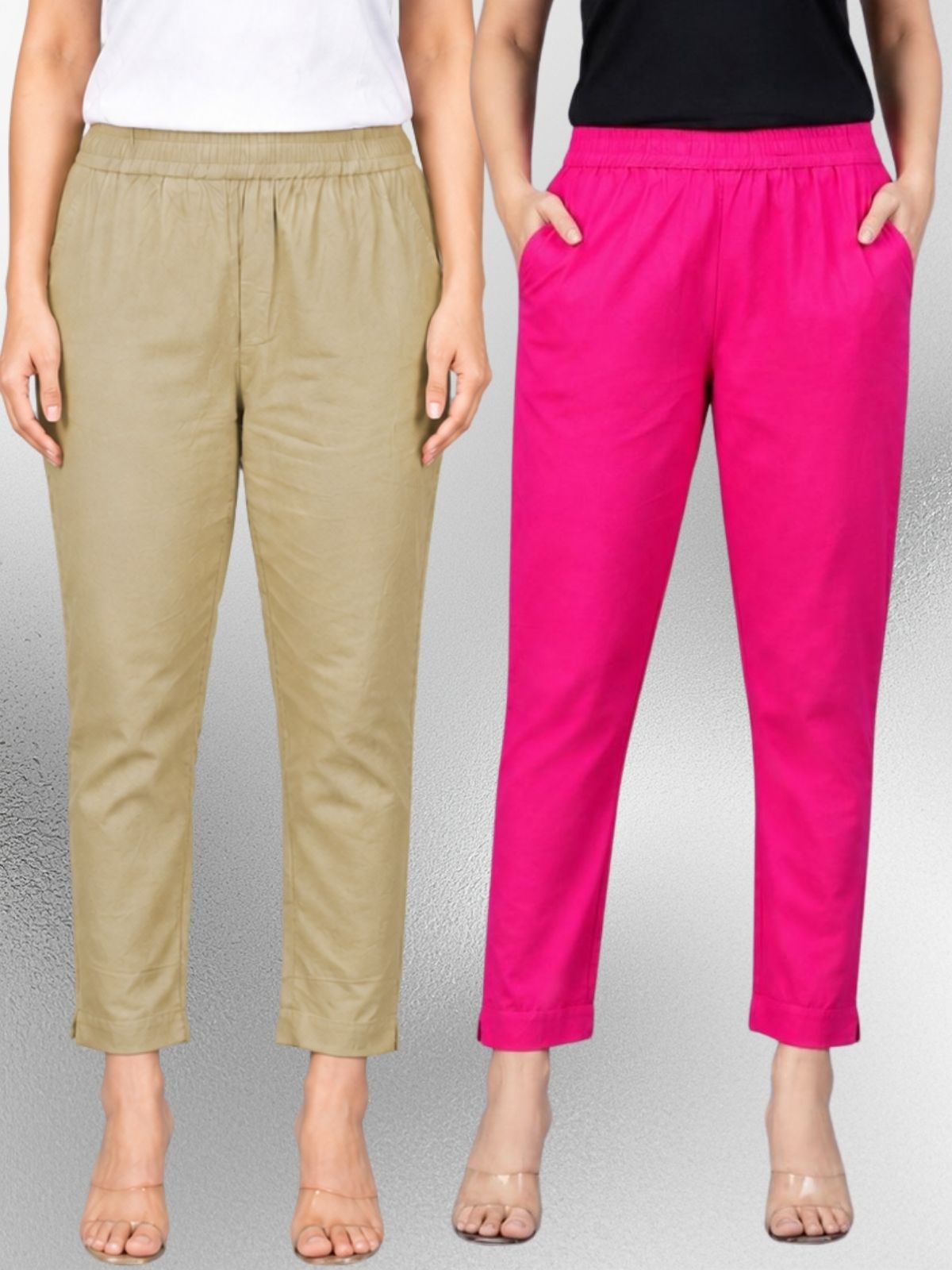 Beige & Rani Regular Fit Elastic Cotton Trouser Combo