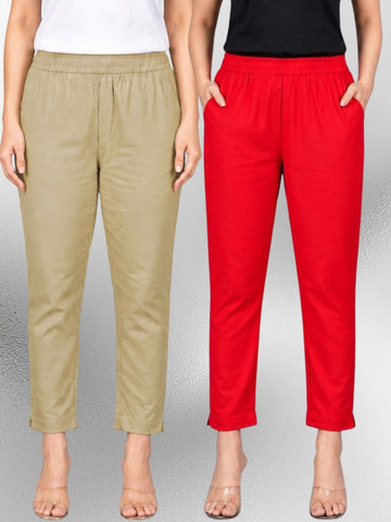 Beige & Red Regular Fit Elastic Cotton Trouser Combo