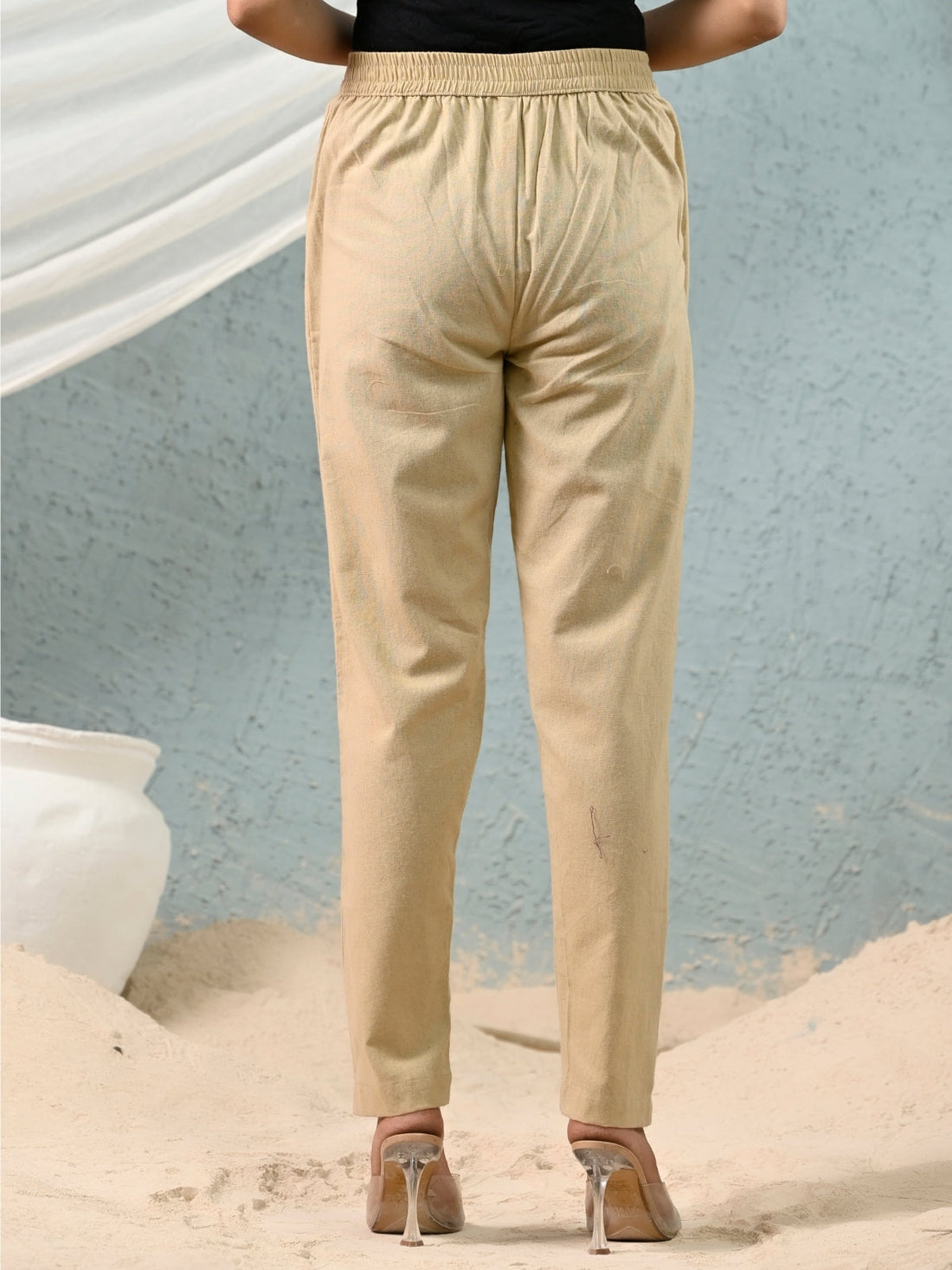 Beige Regular Fit Elastic Cotton Trouser