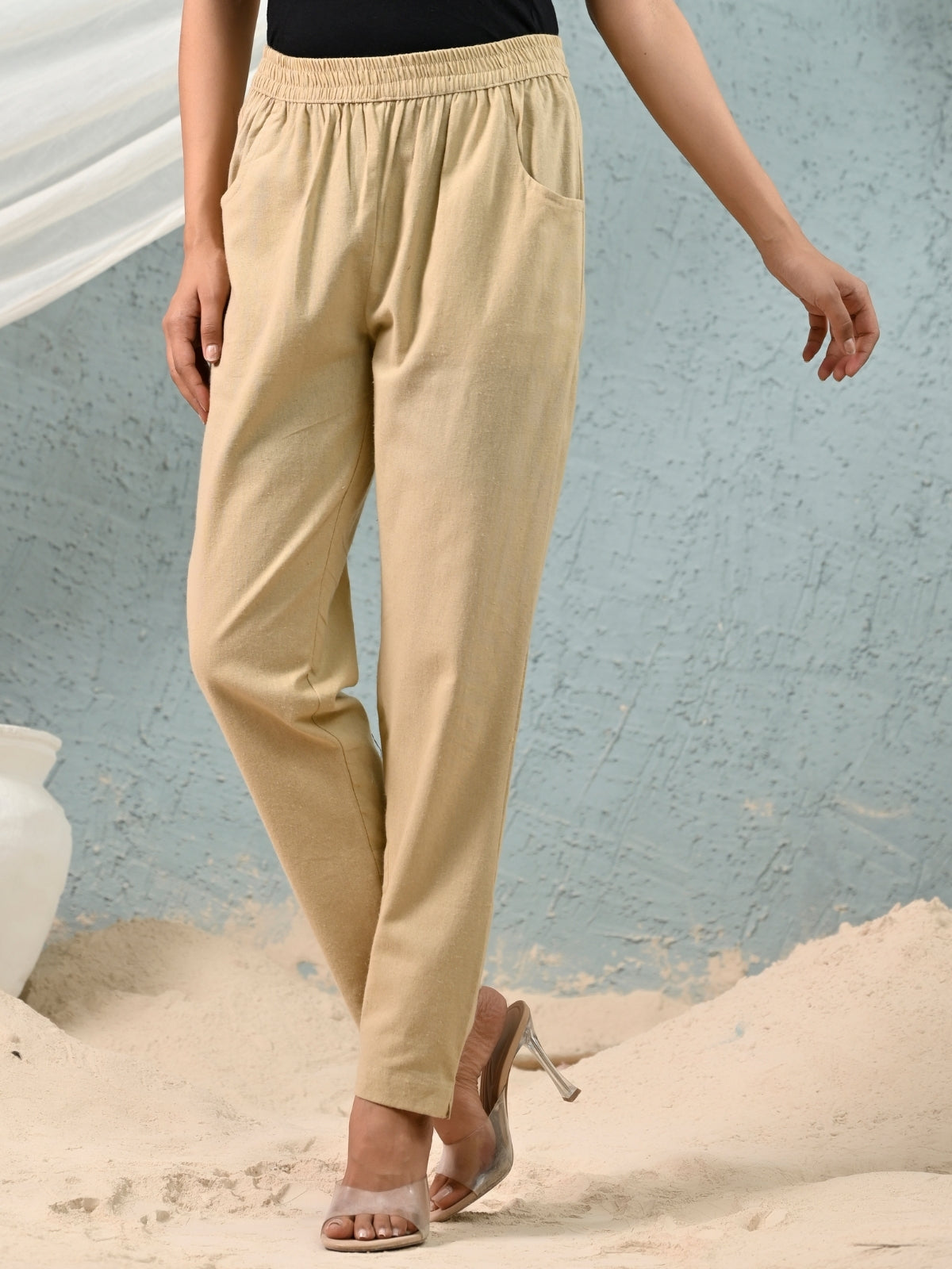 Beige Regular Fit Elastic Cotton Trouser