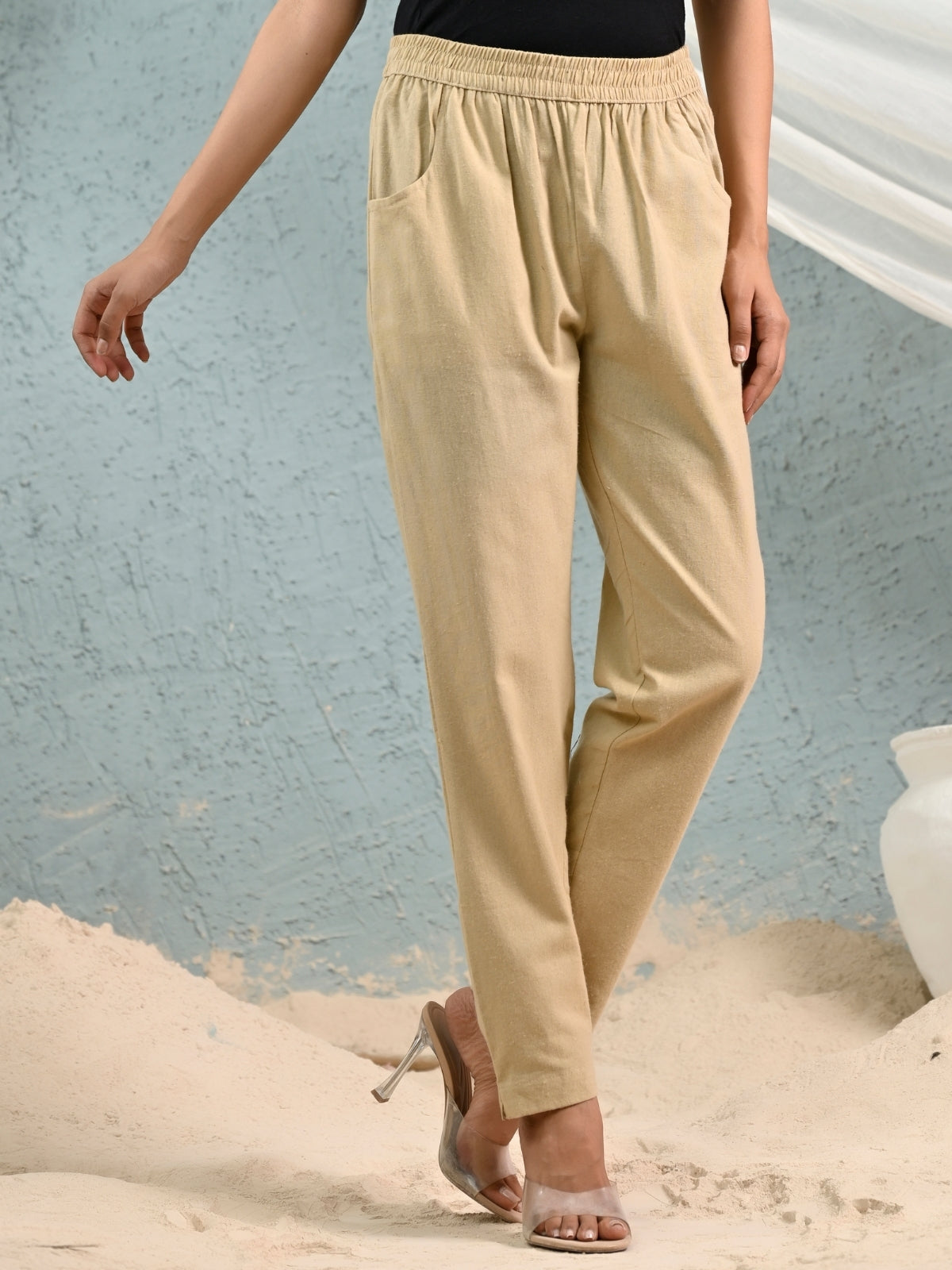 Beige Regular Fit Elastic Cotton Trouser