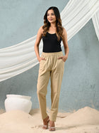 Beige Regular Fit Elastic Cotton Trouser
