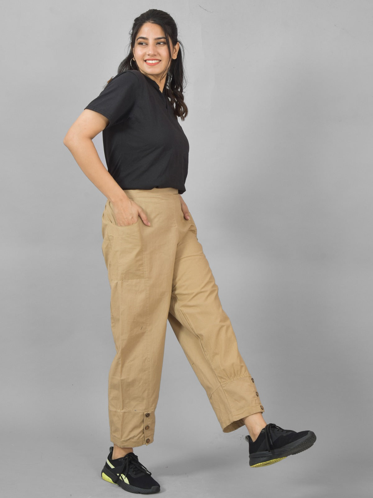 Beige Side Pocket Pure Cotton Straight Cargo Pant