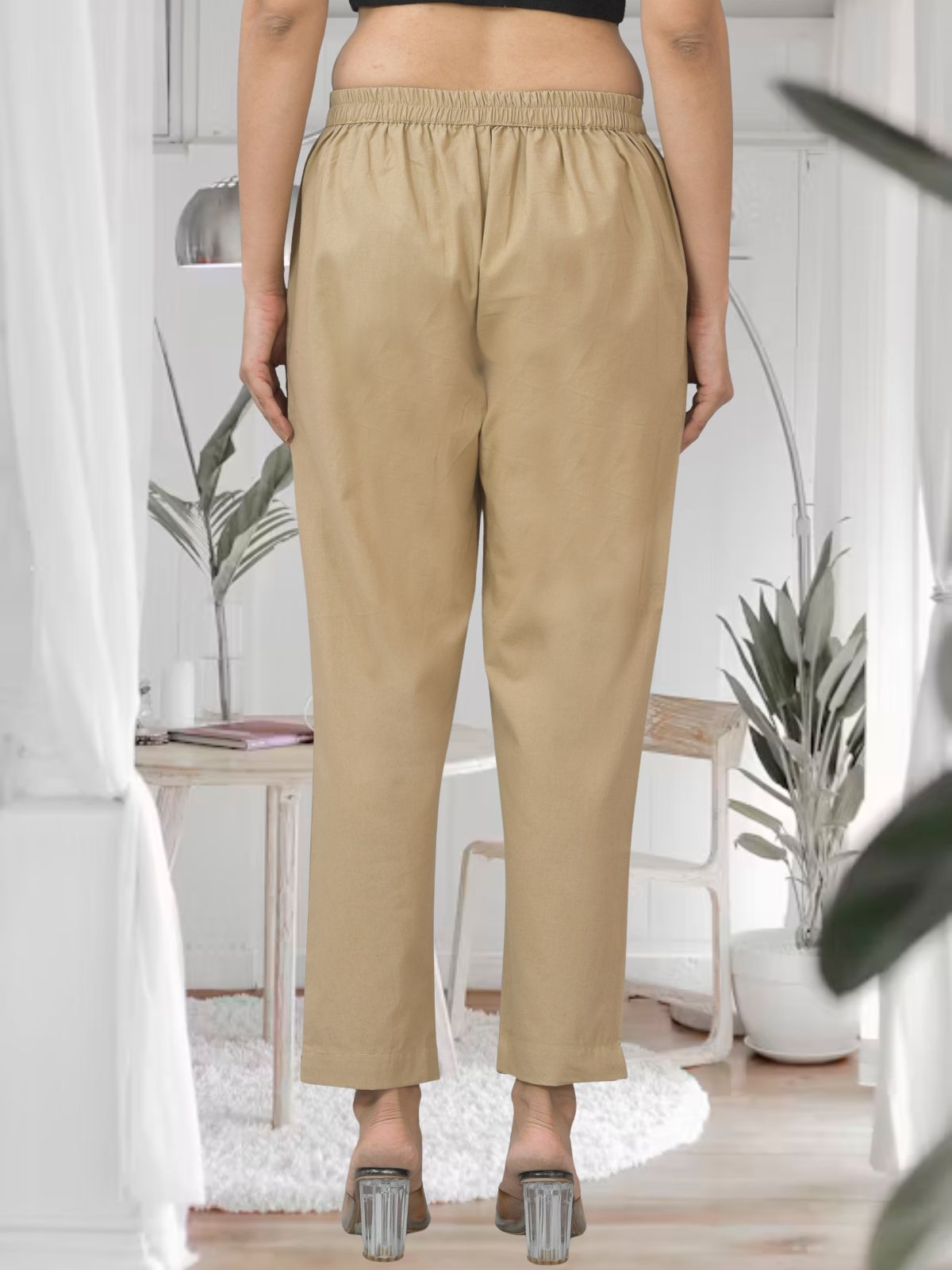 Beige Half Elastic Airy Linen Cotton Pants