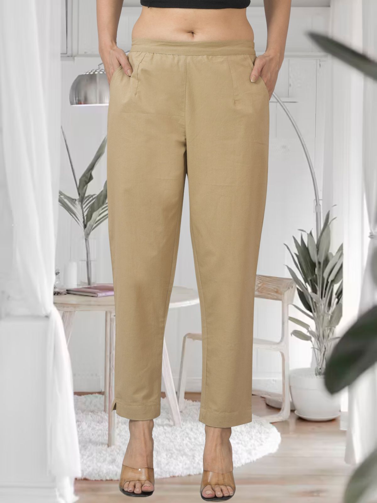 Beige Half Elastic Airy Linen Cotton Pants