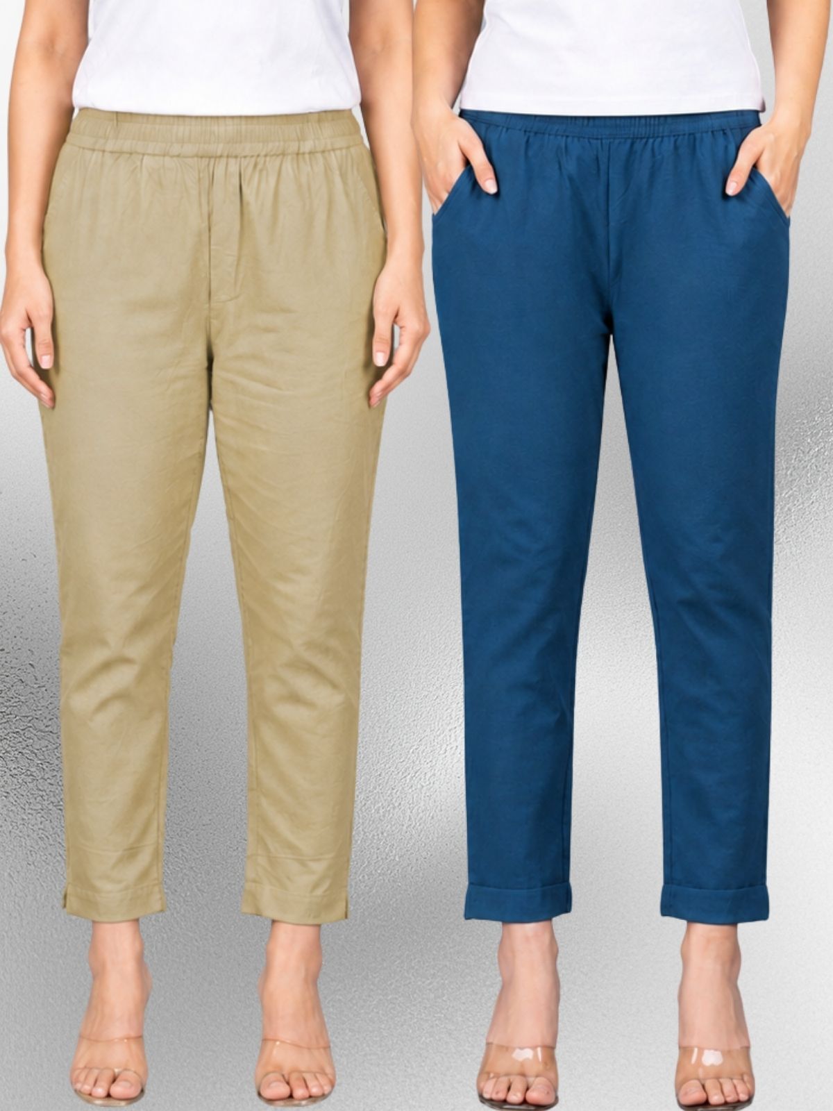 Beige & Tealblue Regular Fit Elastic Cotton Trouser Combo
