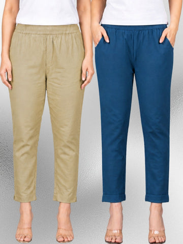 Beige & Tealblue Regular Fit Elastic Cotton Trouser Combo