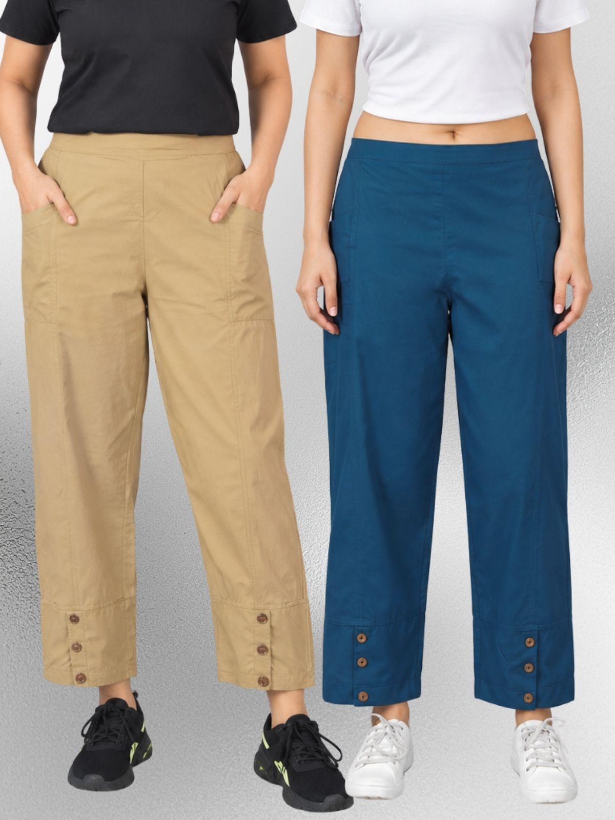 Beige & TealBlue Cotton Straight Cargo Pant Combo