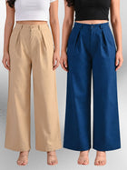 Beige & Tealblue-Cotton Wide Leg Pants Combo