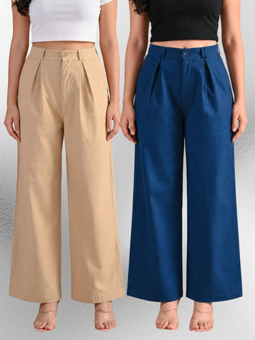 Beige & Tealblue-Cotton Wide Leg Pants Combo