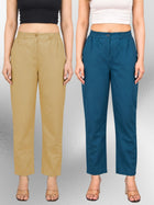 Beige & Tealblue Regular Fit Cotton Formal Trouser Combo