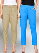 Beige & Turquoise Regular Fit Elastic Cotton Trouser Combo