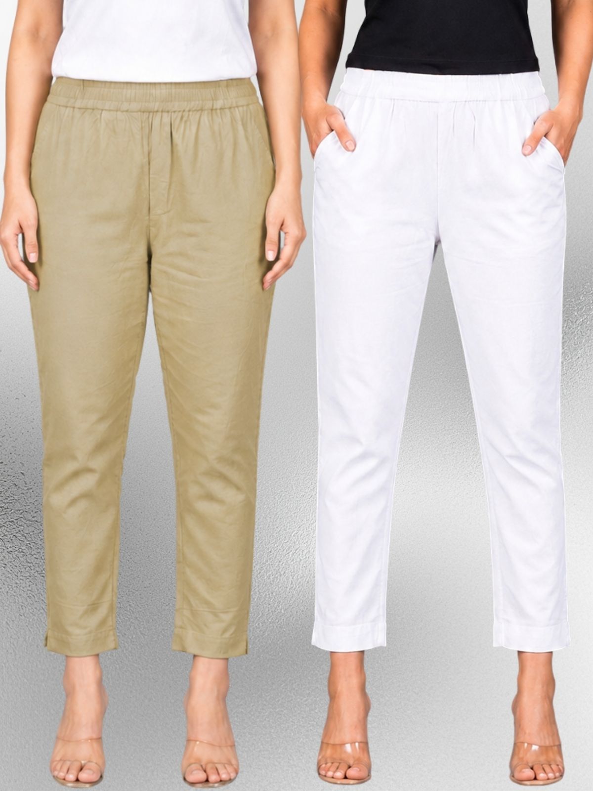 Beige & White Regular Fit Elastic Cotton Trouser Combo