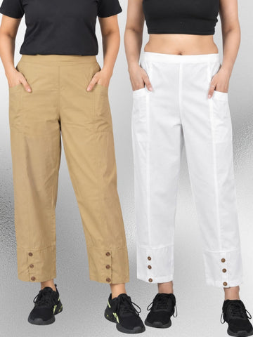 Beige & White Cotton Straight Cargo Pant Combo