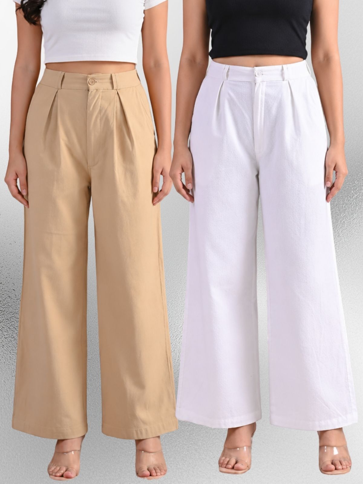 Beige & White-Cotton Wide Leg Pants Combo