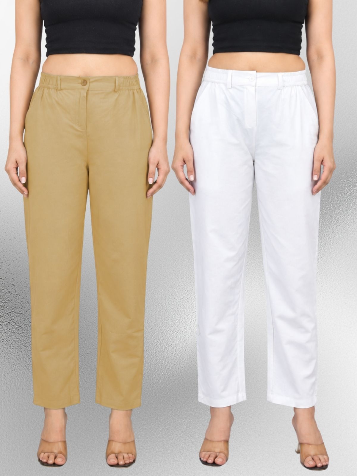 Beige & White Regular Fit Cotton Formal Trouser Combo