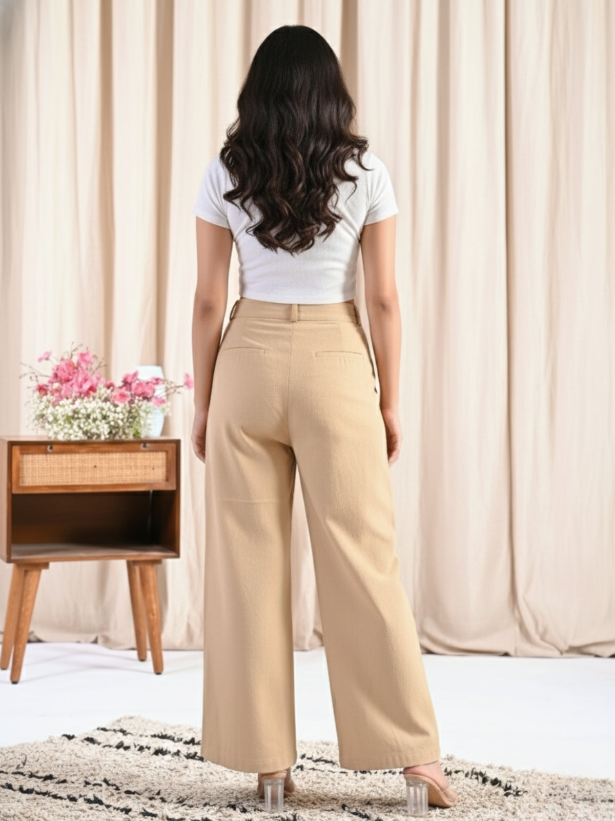 Beige Cotton Wide Leg Pants
