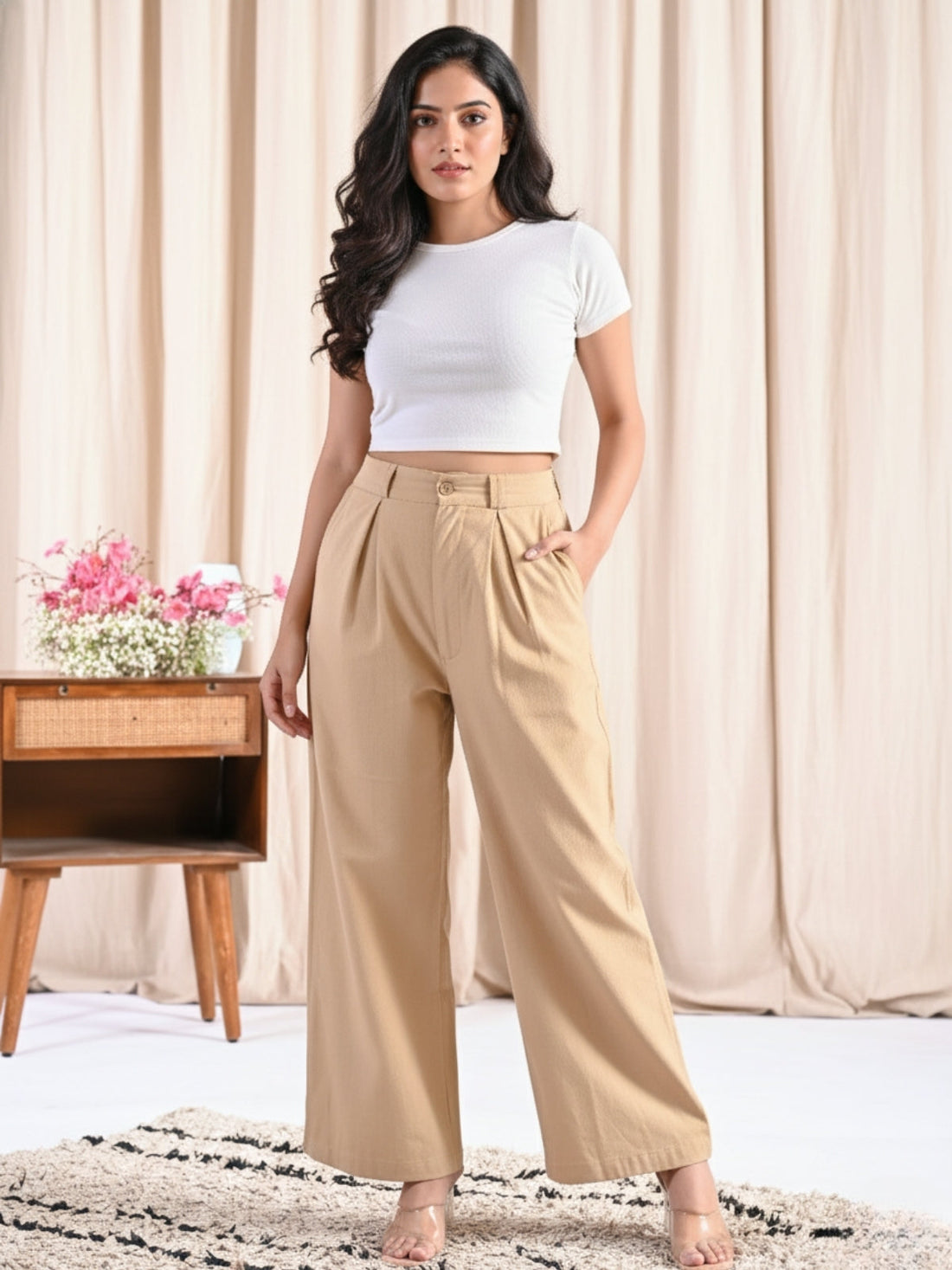 Beige & White-Cotton Wide Leg Pants Combo