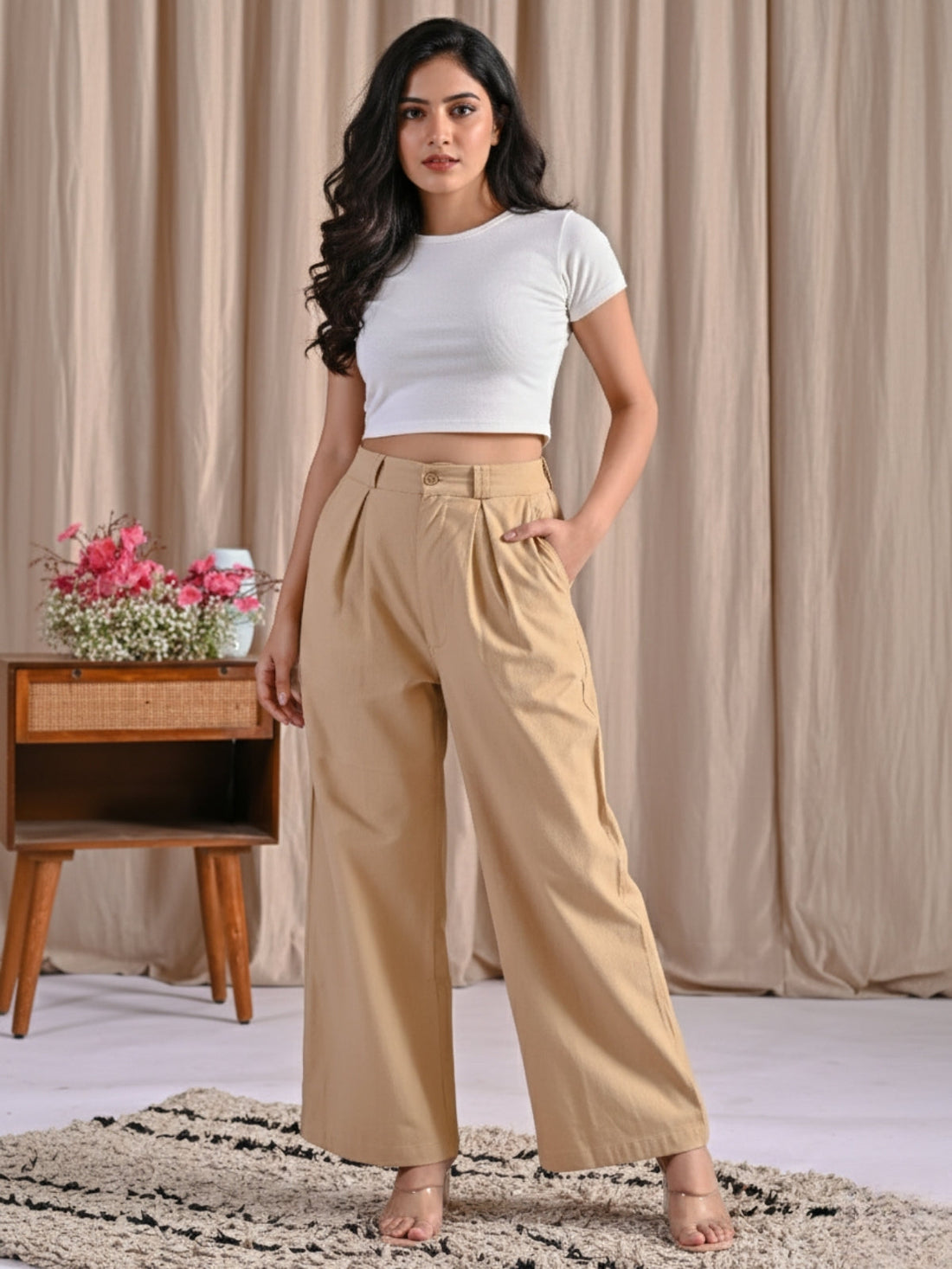 Beige & Melange-Cotton Wide Leg Pants Combo