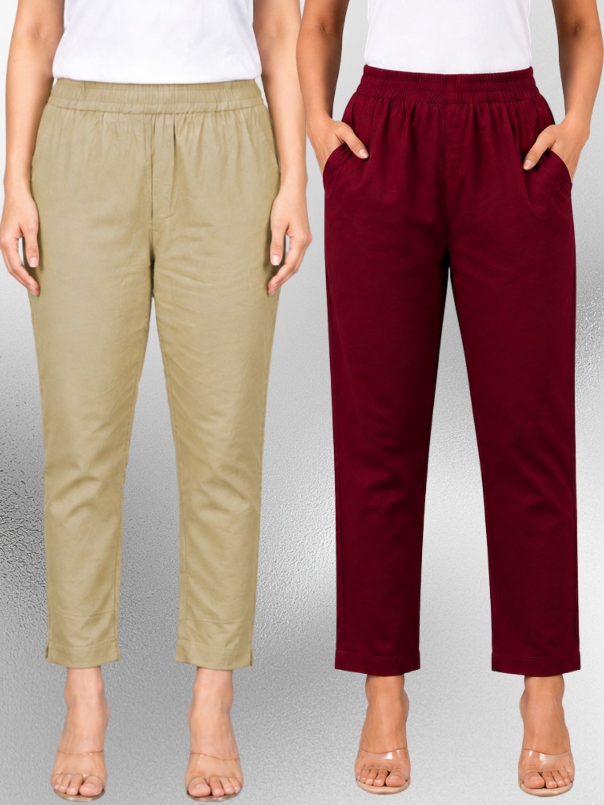 Beige & Wine Regular Fit Elastic Cotton Trouser Combo