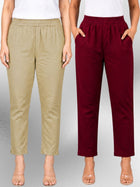 Beige & Wine Regular Fit Elastic Cotton Trouser Combo