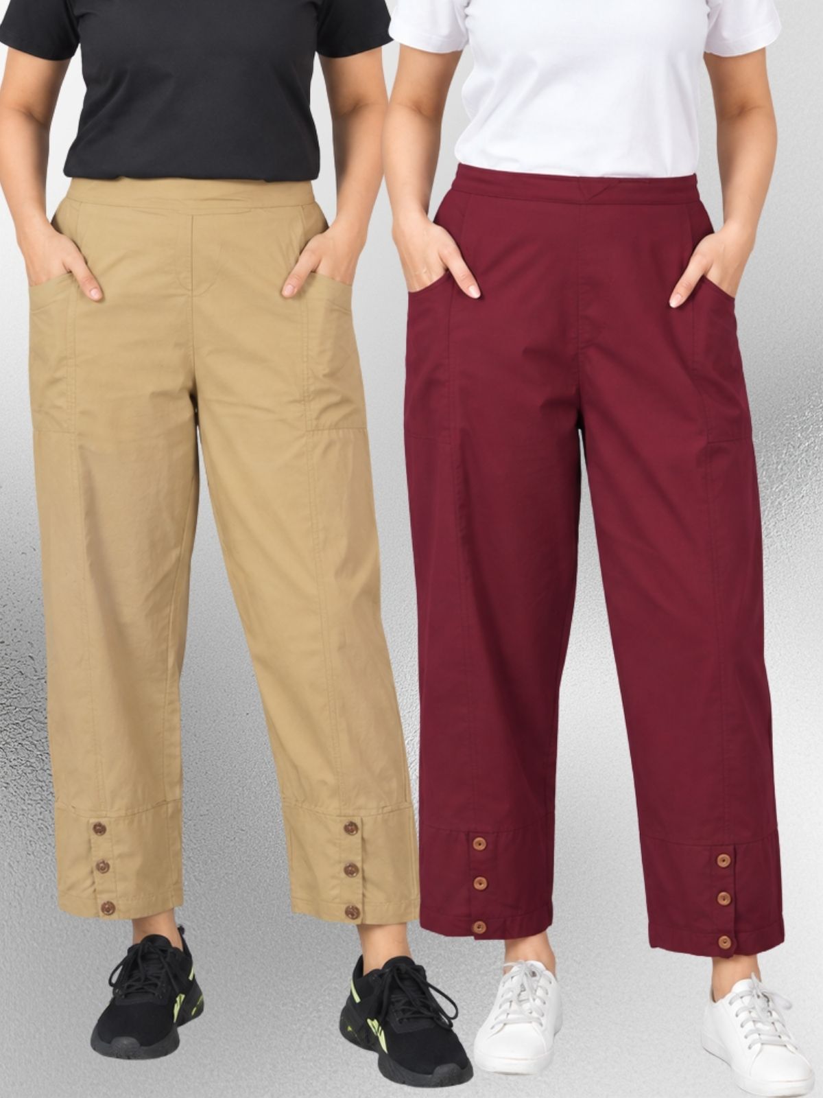 Beige & Wine Cotton Straight Cargo Pant Combo