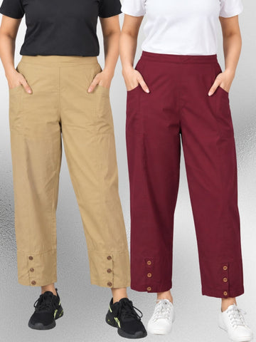 Beige & Wine Cotton Straight Cargo Pant Combo
