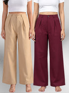 Beige & Wine-Cotton Wide Leg Pants Combo
