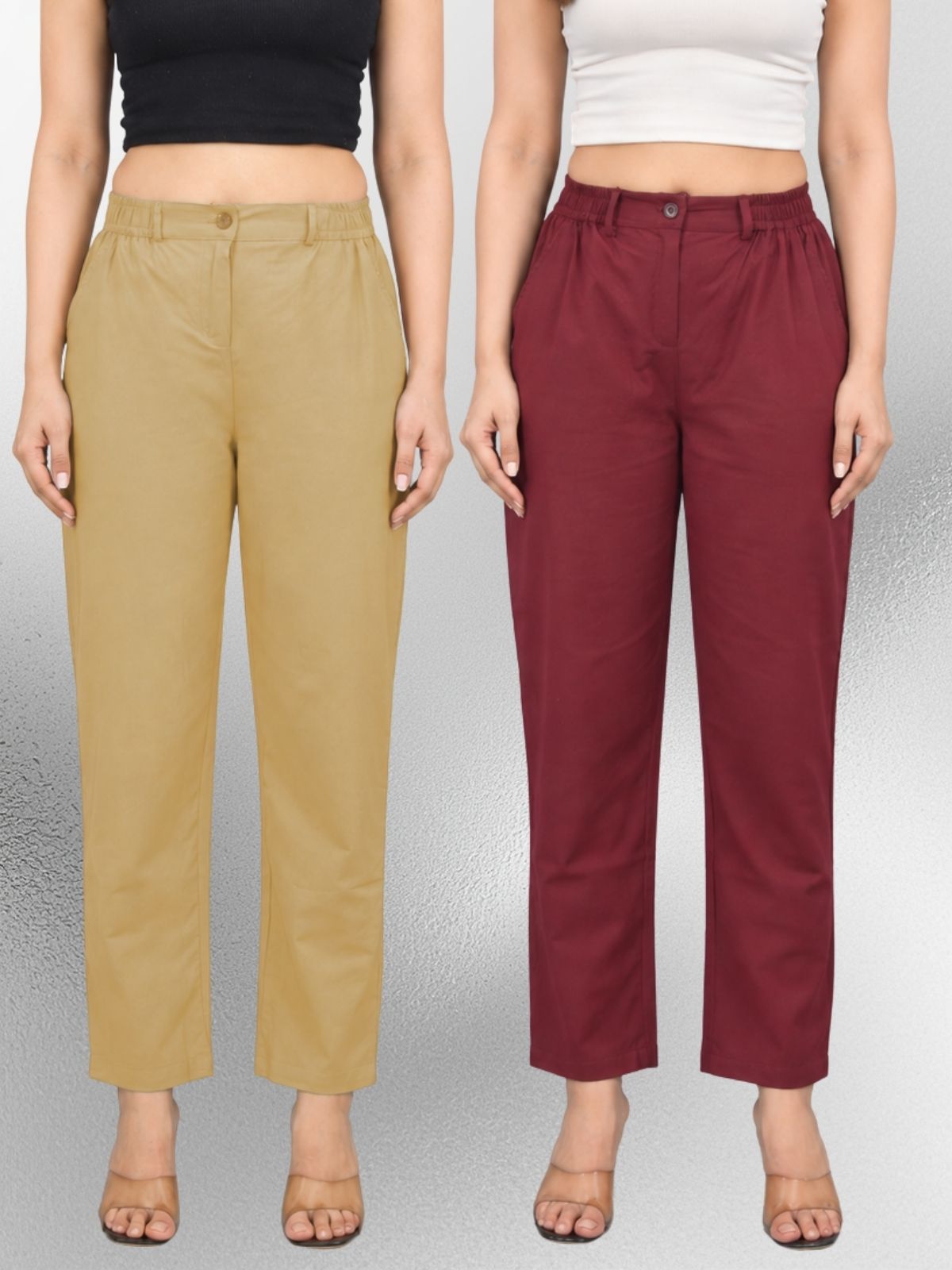 Beige & Wine Regular Fit Cotton Formal Trouser Combo
