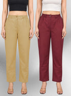 Beige & Wine Regular Fit Cotton Formal Trouser Combo
