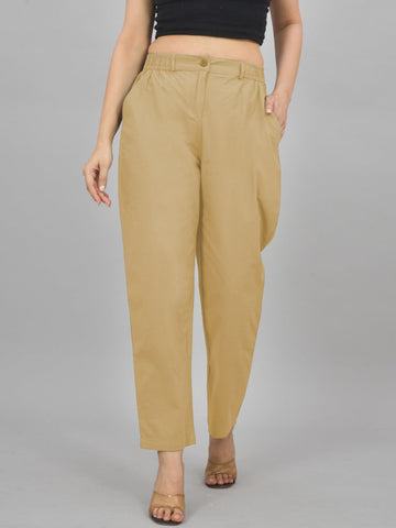 Beige Regular Fit Cotton Formal Trouser