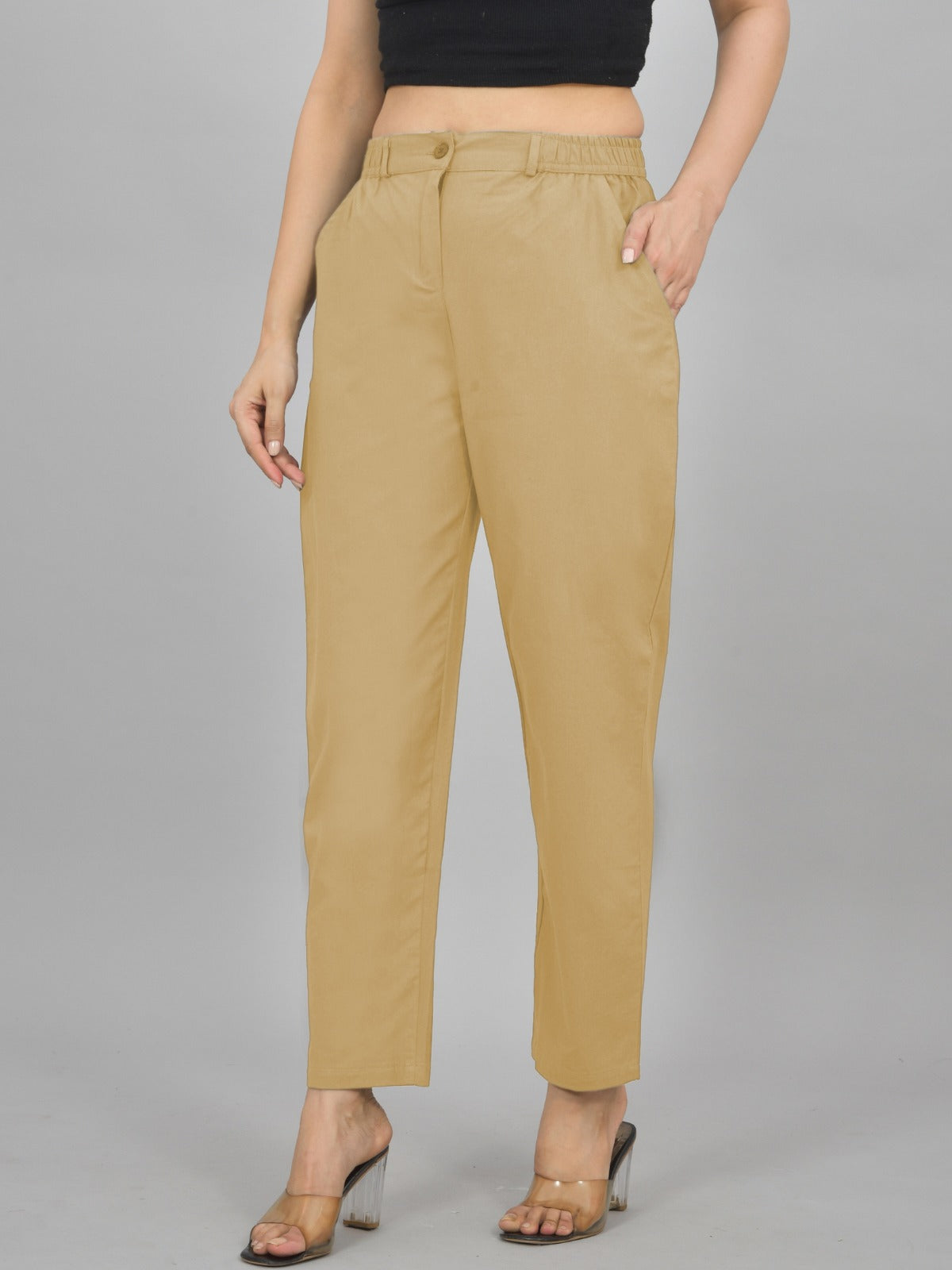 Beige Regular Fit Cotton Formal Trouser