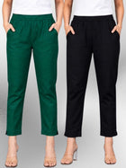 Bottle Green & Black Regular Fit Elastic Cotton Trouser Combo