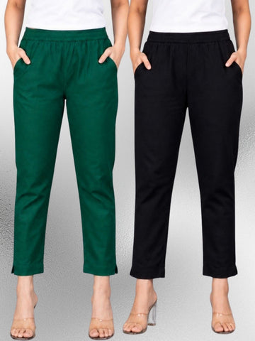 Bottle Green & Black Regular Fit Elastic Cotton Trouser Combo
