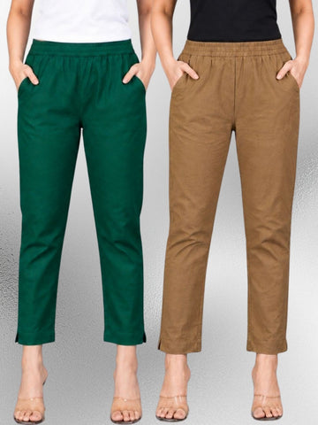 Bottle Green & Brown Regular Fit Elastic Cotton Trouser Combo