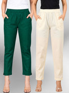 Bottle Green & Cream Regular Fit Elastic Cotton Trouser Combo
