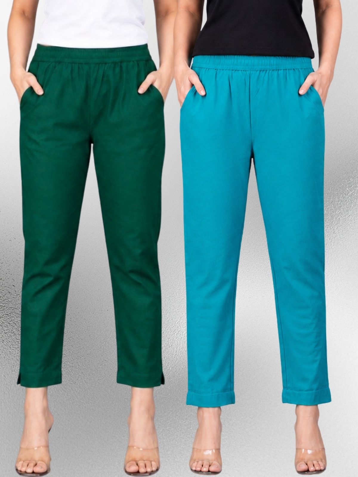 Bottle Green & Cyan Regular Fit Elastic Cotton Trouser Combo